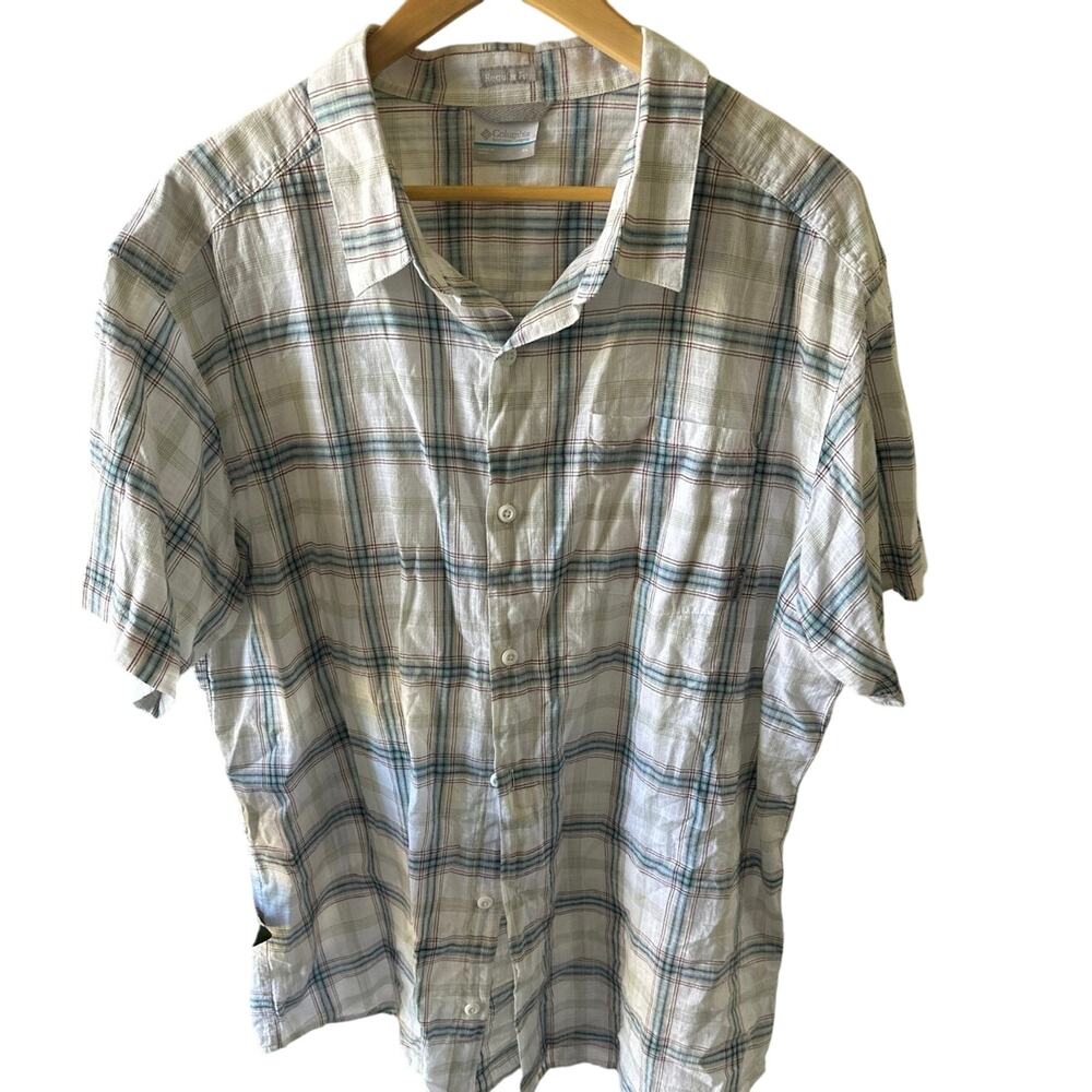 XL Columbia Sportswear Button Down Casual Shirt Men’s Plaid Blue Red Tan Stripe